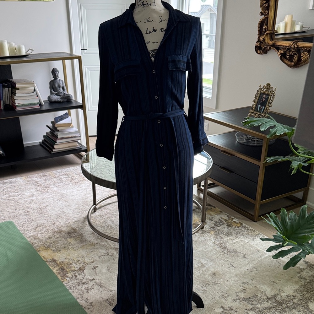 L'AGENCE Navy Button-Front Maxi Shirt Dress with Belt